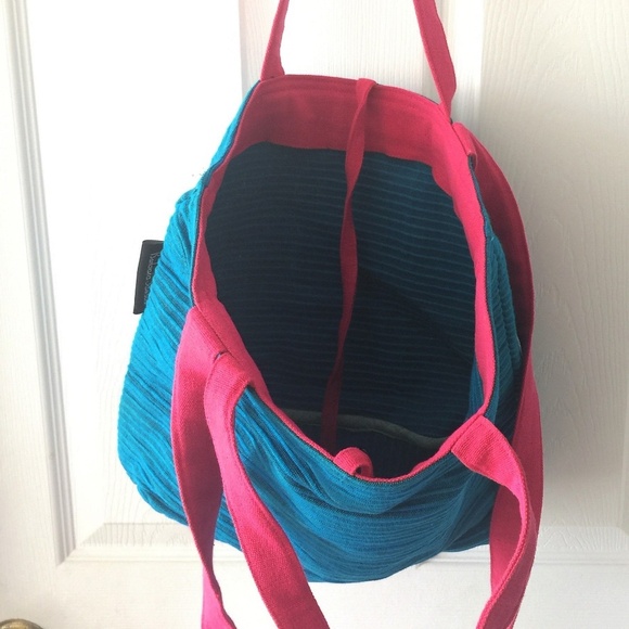 Barbara Samsoni Pink Teal Blue Handwoven Handmade Cotton Summer Beach Tote Bag - Picture 2 of 7